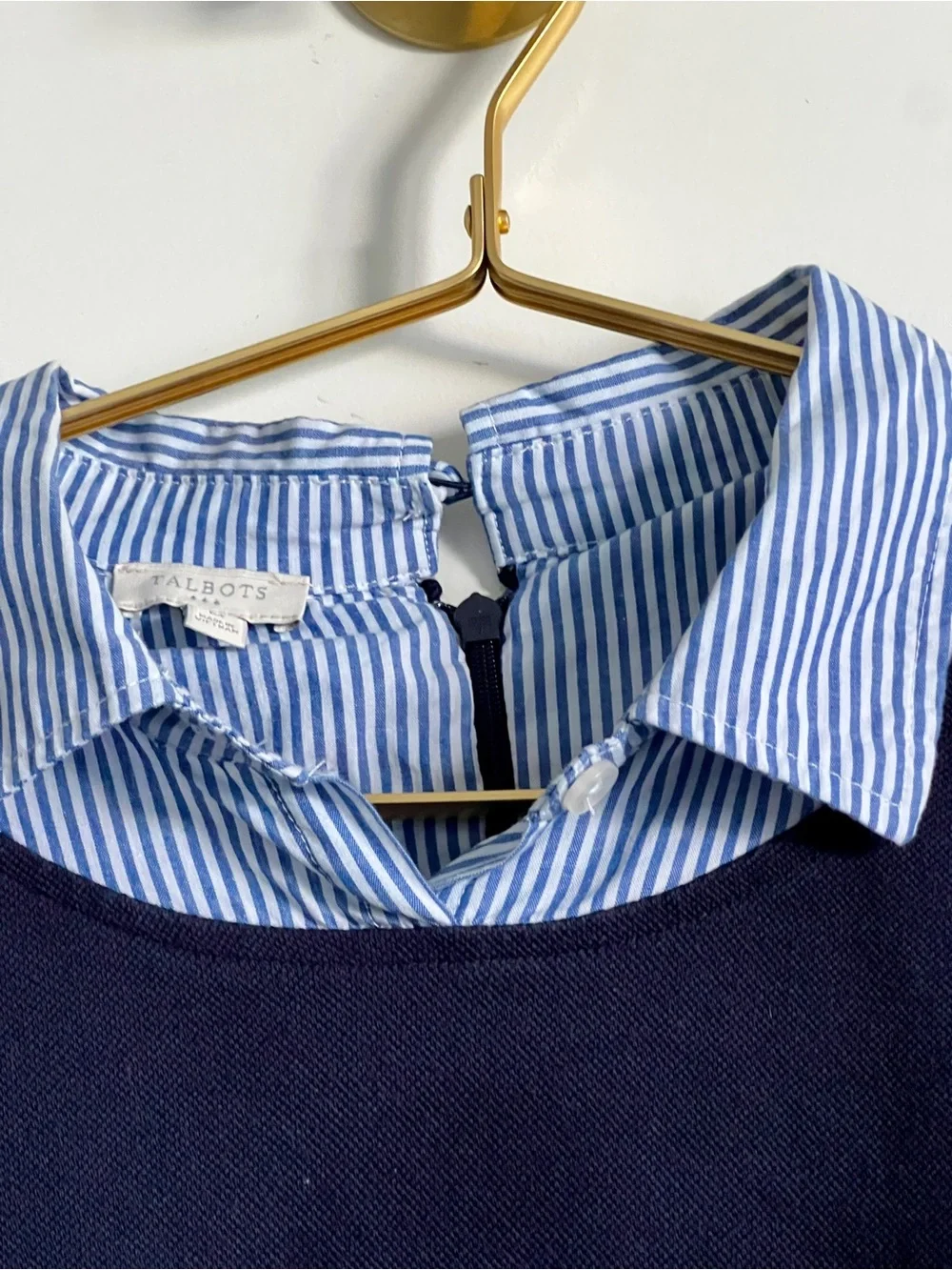 Talbots Navy Blue Cotton Dress Striped Collar Coastal Preppy Pockets Size Medium - Picture 12 of 16